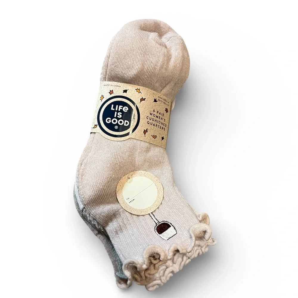 🆕 Life Is Good WINE GLASS Ruffle Cuff Quarter Socks 6 Pack